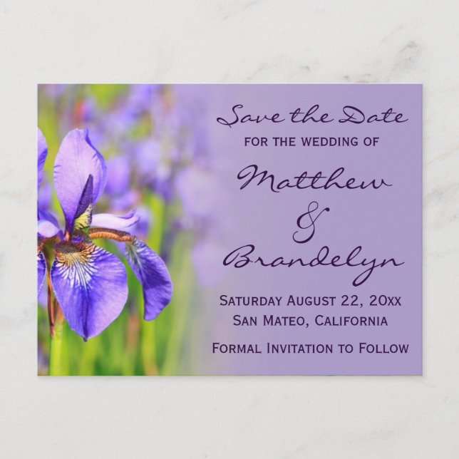 Tarjetas de aviso de boda con flor de lirio morado (Anverso)