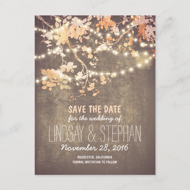 tarjetas de aviso de boda rústicas con luces de cu (Anverso)
