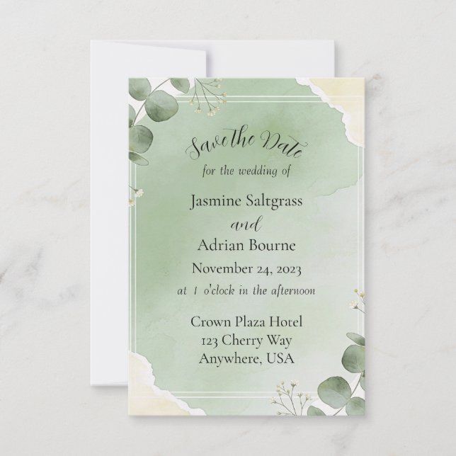 Tarjetas de aviso de boda Sage Whisper Botánico (Anverso)
