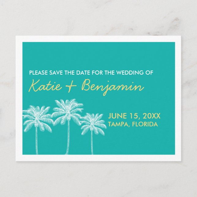 Tarjetas de aviso de boda veraniega chic con palme (Anverso)
