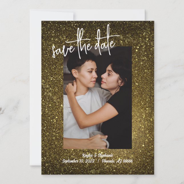 Tarjetas de aviso de fecha de boda con foto y bril (Anverso)