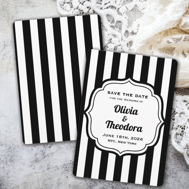 Tarjetas de aviso de fecha de boda con raya modern (vintage modern black and white stripe save the date cards)