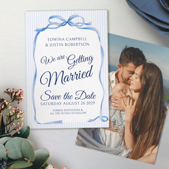 Tarjetas de aviso de fecha de bodas con lazo azul  (Subido por el creador)