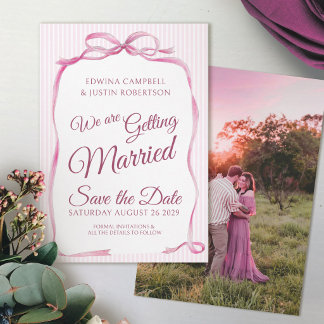 Tarjetas de aviso de fecha de bodas con lazo rosa 