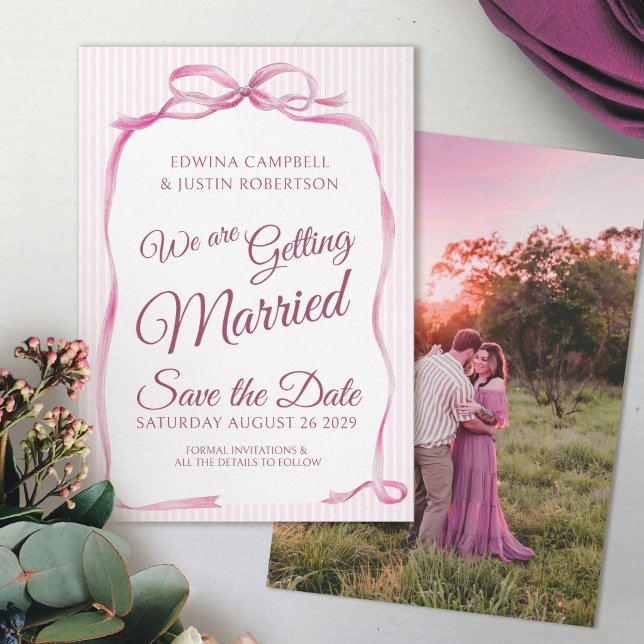 Tarjetas de aviso de fecha de bodas con lazo rosa  (Subido por el creador)