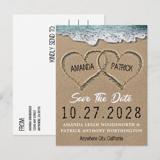 Tarjetas de aviso de fecha de bodas en la playa Co (Anverso / Reverso)
