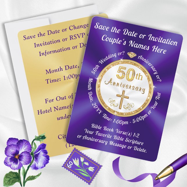 Tarjetas de aviso de fecha de CHRISTIAN, 50º Anive (Gorgeous Purple and Gold CHRISTIAN, 50th Save the Date Cards. 50th Anniversary Save the Date Cards.)