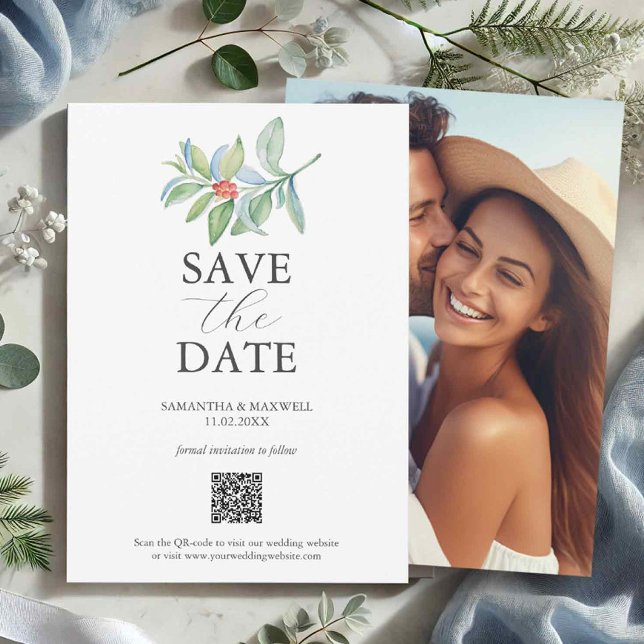 Tarjetas de aviso de Navidad con código QR (Christmas wedding save the dates with photo and qr code holiday botanicals)