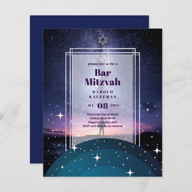 TARJETAS DE BAR MITZVAH Celestiales Skies Blue Gal (Anverso / Reverso)