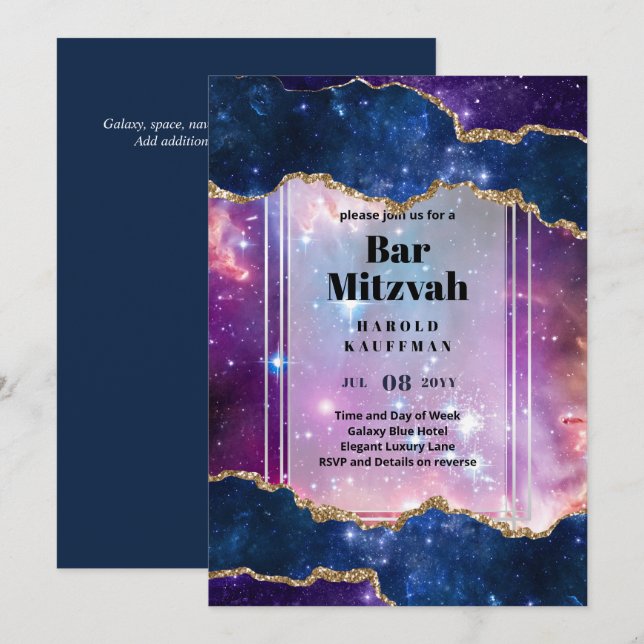 TARJETAS DE BAR MITZVAH Celestiales Skies Blue Gal (Anverso / Reverso)