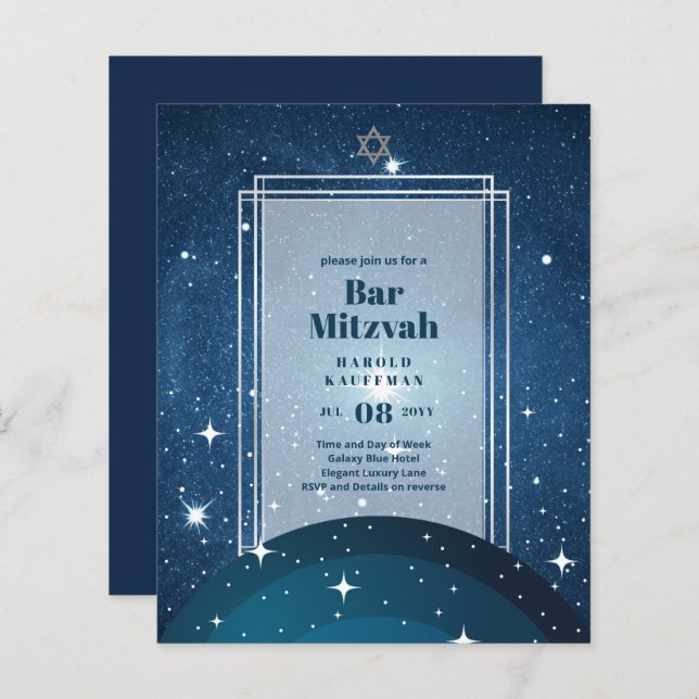 TARJETAS DE BAR MITZVAH Celestiales Skies Blue Gal (Anverso / Reverso)
