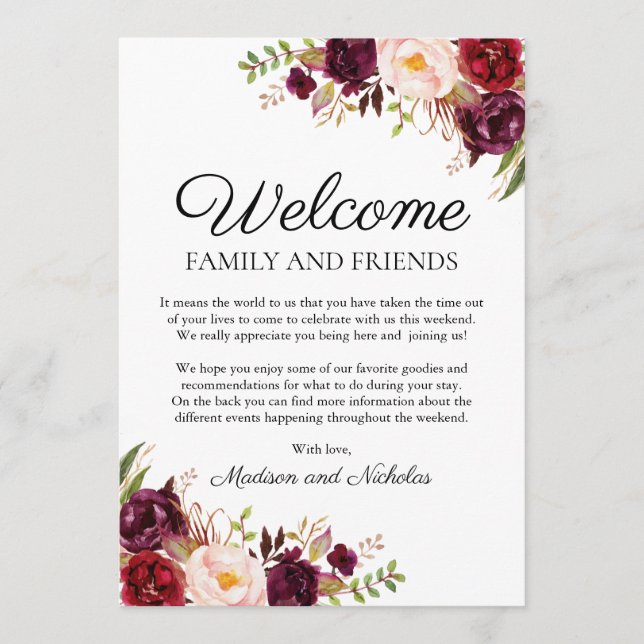 Tarjetas de bienvenida de Marsala y Boda floral ro (Anverso)