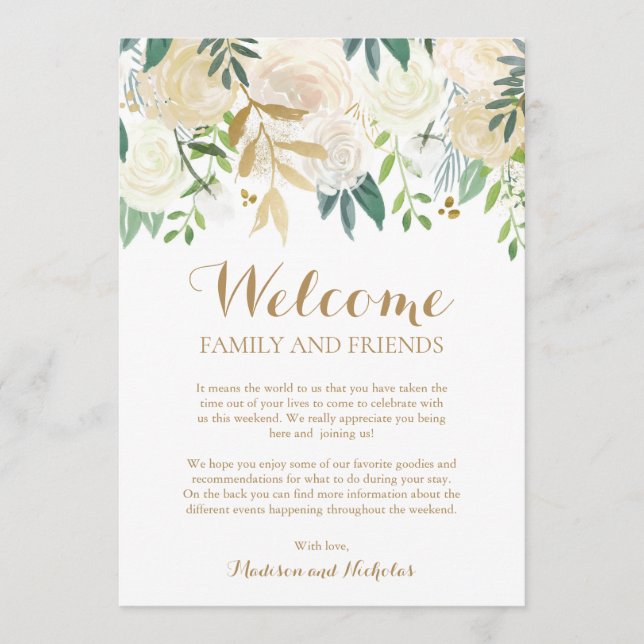Tarjetas de bienvenida Gold White Flower Boda (Anverso)