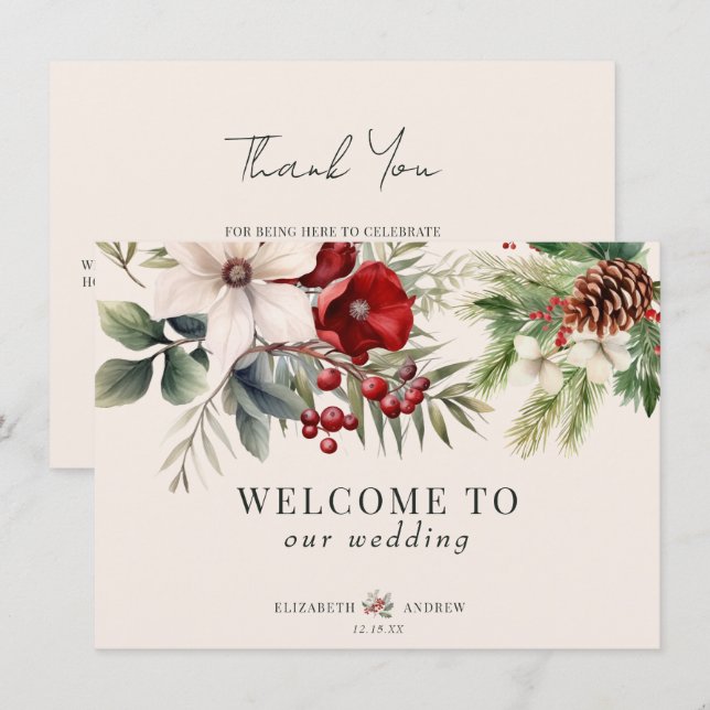 Tarjetas de bienvenida para boda floral de inviern (Anverso / Reverso)