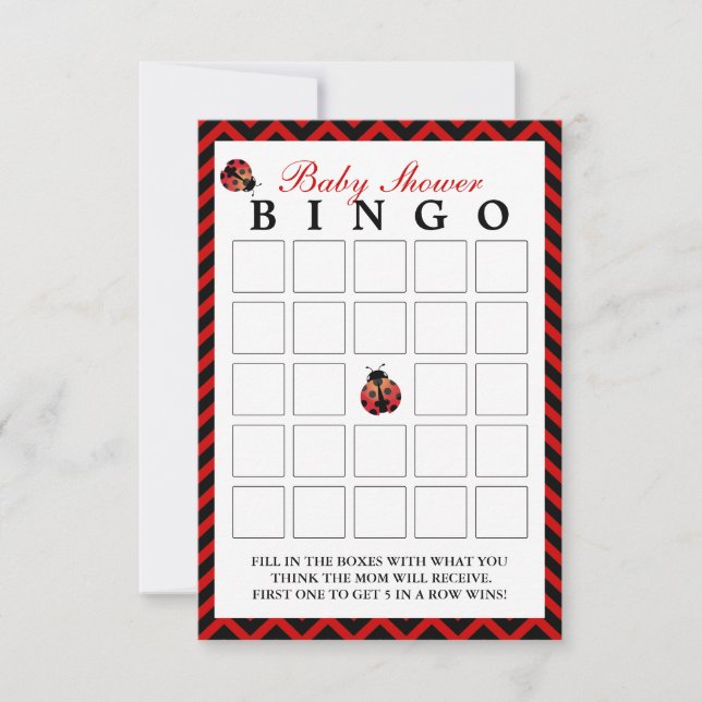 Tarjetas de Bingo Baby Shower Chevron Rojo Ladybug (Anverso)