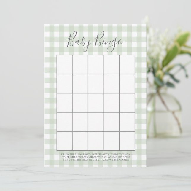 Tarjetas de Bingo Baby Shower de Gingham Verde (Anverso de pie)