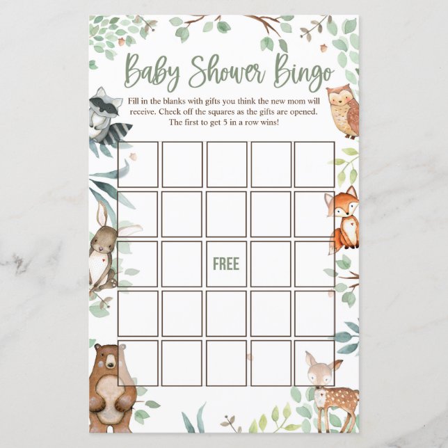 Tarjetas de bingo Baby Shower Woodland (Anverso)