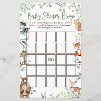 Tarjetas de bingo Baby Shower Woodland