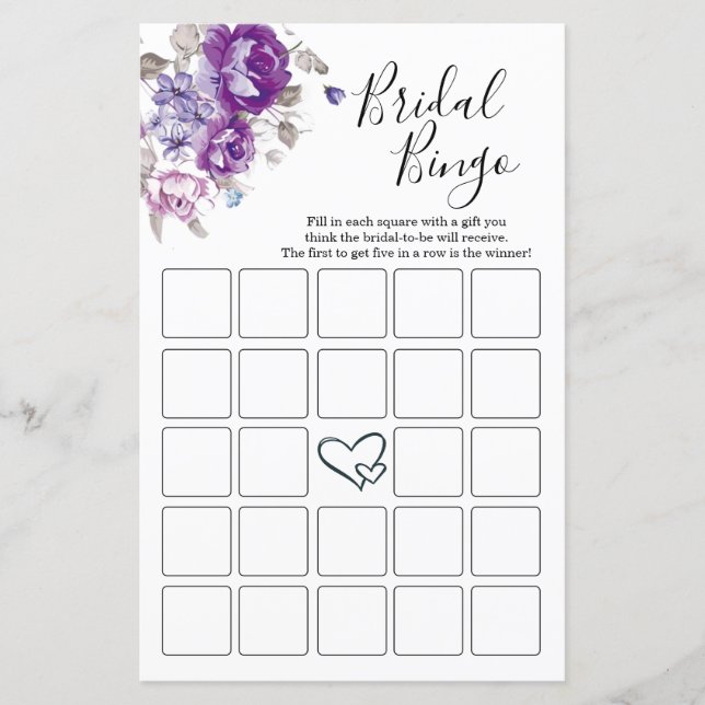 Tarjetas de Bingo Floral Morada Bridal Shower (Anverso)