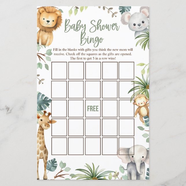 Tarjetas de Bingo Safari Baby Shower (Anverso)