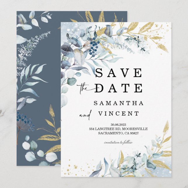 tarjetas de Blue Orchid Save the Date (Anverso / Reverso)