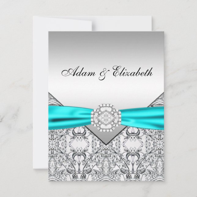 Tarjetas de boda azules turquesa y plateadas elega (Anverso)