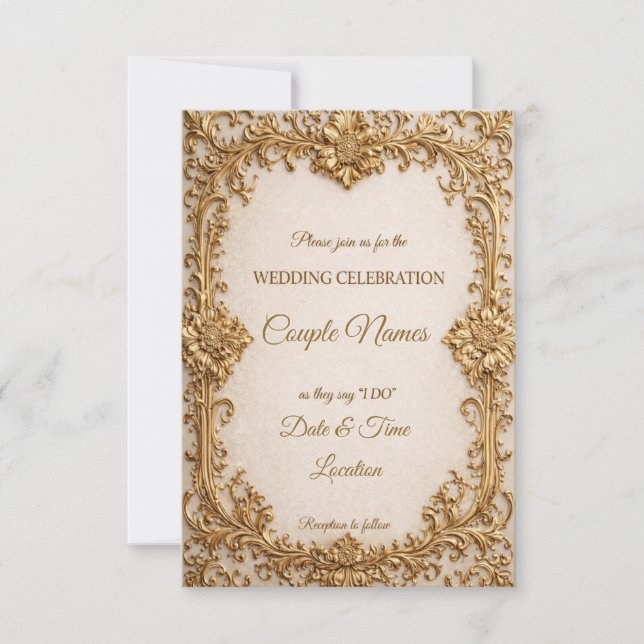 Tarjetas de boda con caligrafía dorada opulenta (Anverso)