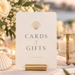 Tarjetas de boda con conchas doradas y regalos Señ