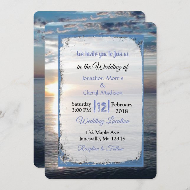 Tarjetas de boda con olas de océano azul al atarde (Anverso / Reverso)