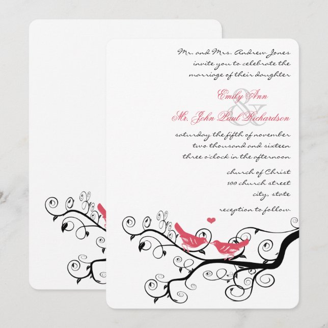 Tarjetas de Boda de Árbol de Pájaro de Amor Rosa G (Anverso / Reverso)