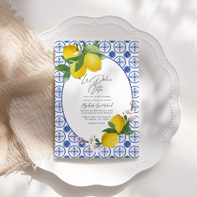 Tarjetas de boda de azulejos de limón italiano La  (La Dolce Vita Italian Lemon Tiles Wedding QR Code Invitation)