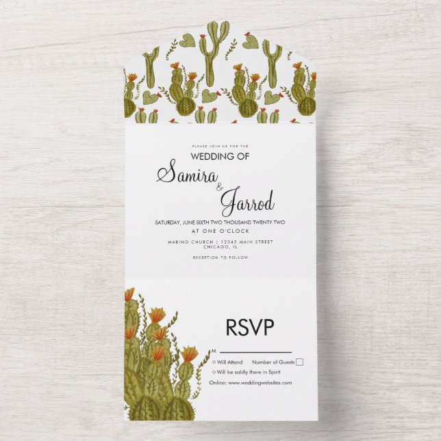Tarjetas de boda de cactus pintadas a mano con acu (Interior)
