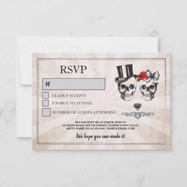 Tarjetas de boda de calaveras RSVP Calaveras Rosas (Anverso)