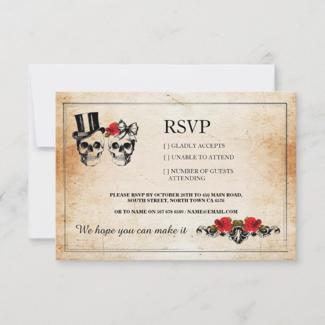 Tarjetas de boda de cráneos RSVP cráneos rosas rús (Anverso)