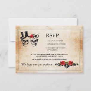Tarjetas de boda de cráneos RSVP Cráneos Rosas Rús