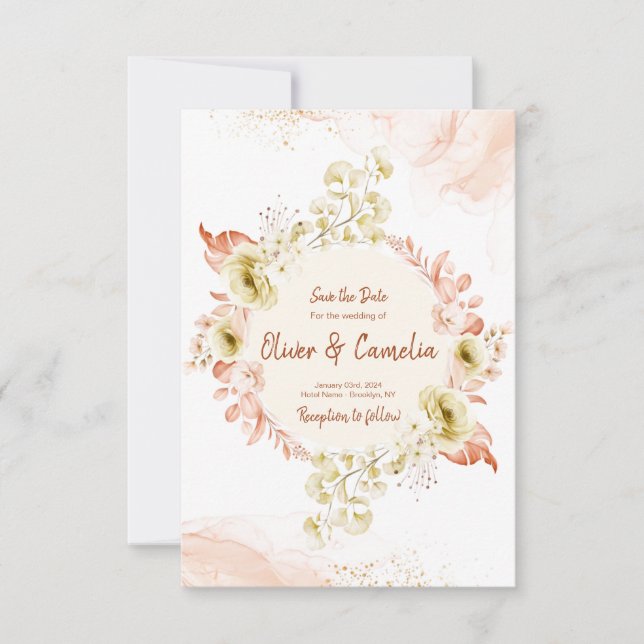 Tarjetas de boda de flores rosadas para guardar la (Anverso)
