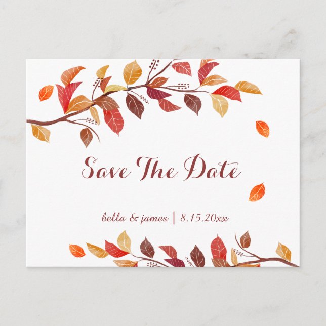 Tarjetas de boda de hojas de otoño para guardar la (Anverso)