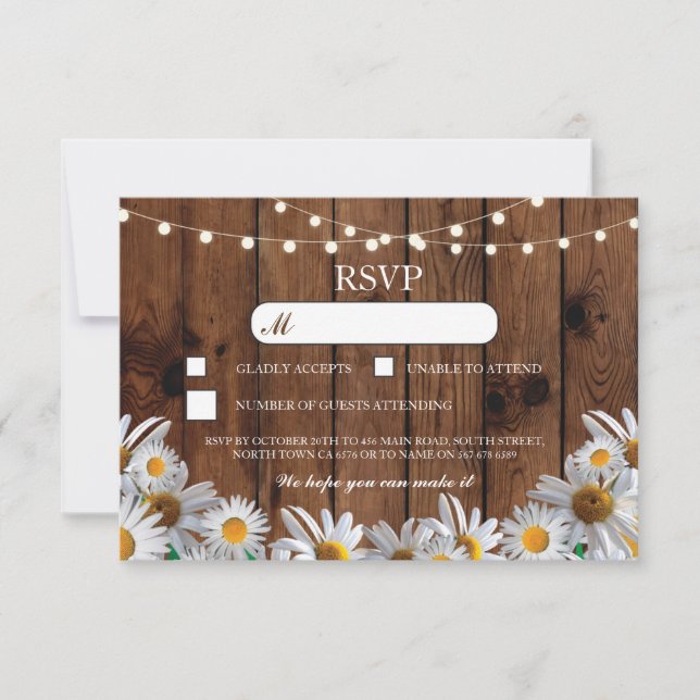 Tarjetas de boda de madera RSVP rústicas con flore (Anverso)