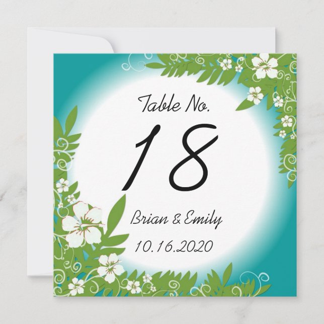 Tarjetas de boda de mesa de hibisco blanco azul ve (Anverso)