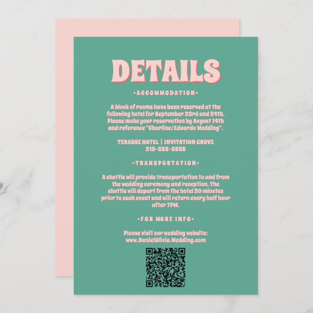 Tarjetas de Boda de ondulación rosa y verde (Anverso / Reverso)