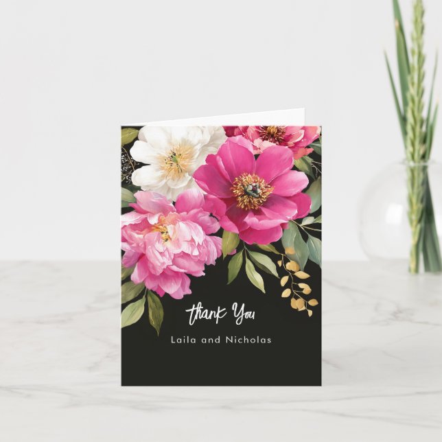 Tarjetas de boda de peonía con acuarela rosa y bla (Anverso)