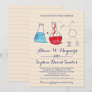 Tarjetas de boda de química rojas y azules