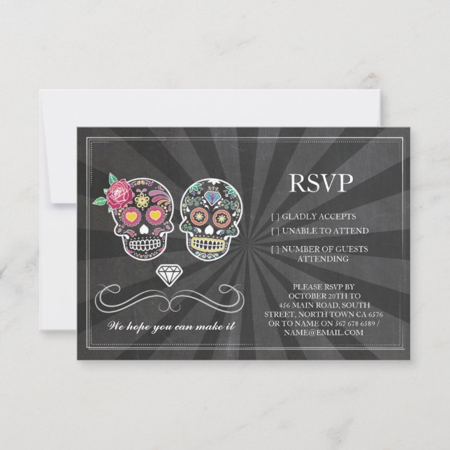 Tarjetas de boda de tiza RSVP Sugar Skull floral r (Anverso)