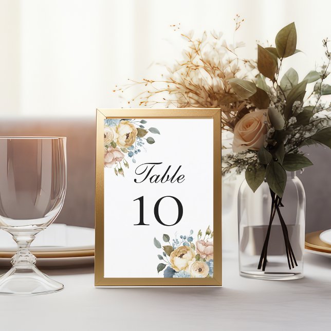 Tarjetas de Boda Floral Azul Crema Rosa (Blue Pink and Cream Floral Elegant Watercolor Wedding Table number cards)