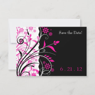 Tarjetas de boda florales rosadas y negras para gu