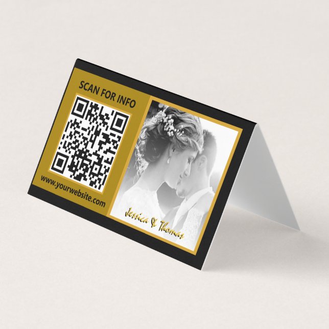 Tarjetas de Boda modernas, código QR, foto, negro (Anverso)