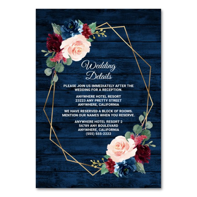 Tarjetas de Boda rosado de oro de la Marina Borgoñ (Anverso)