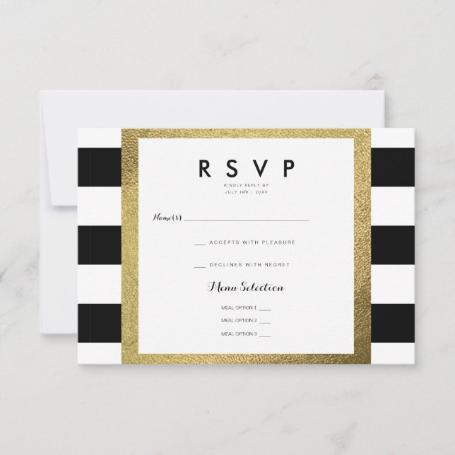 Tarjetas de boda RSVP con rayas negras y blancas c (Anverso)