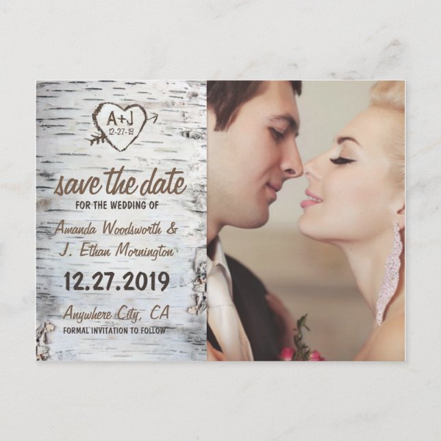 Tarjetas de boda rústicas de abedul para guardar l (Anverso)