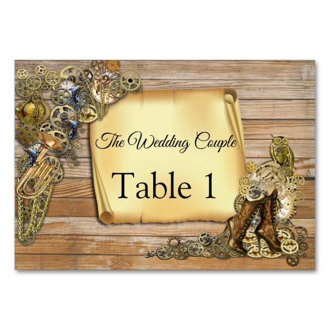 tarjetas de boda Steampunk en mesa de madera (Anverso)